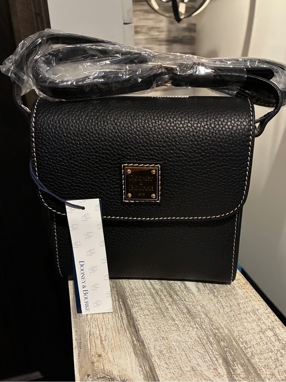 Dooney & Bourke Black Pebbled Leather Letter Carrier Crossbody